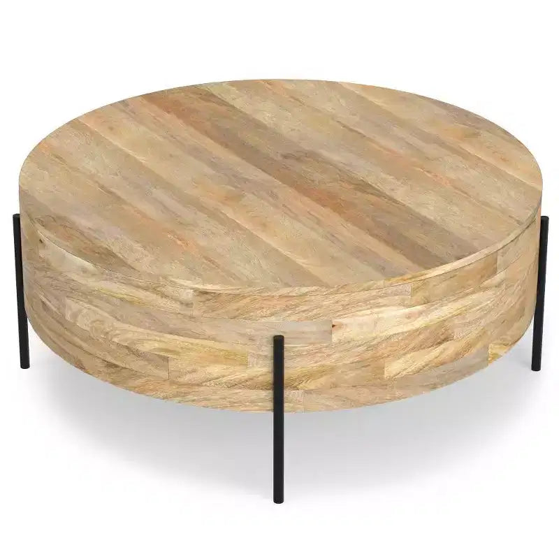Table basse tambour Naturel : style industriel moderne, bois de manguier et fer, 96,5 cm