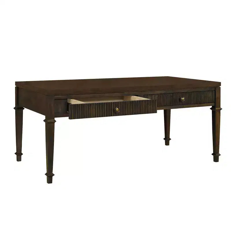Table basse Kenna avec 2 tiroirs cannelés, marron : Placage en bois traditionnel, Rangement, Pieds fuselés, Quincaillerie en laiton
