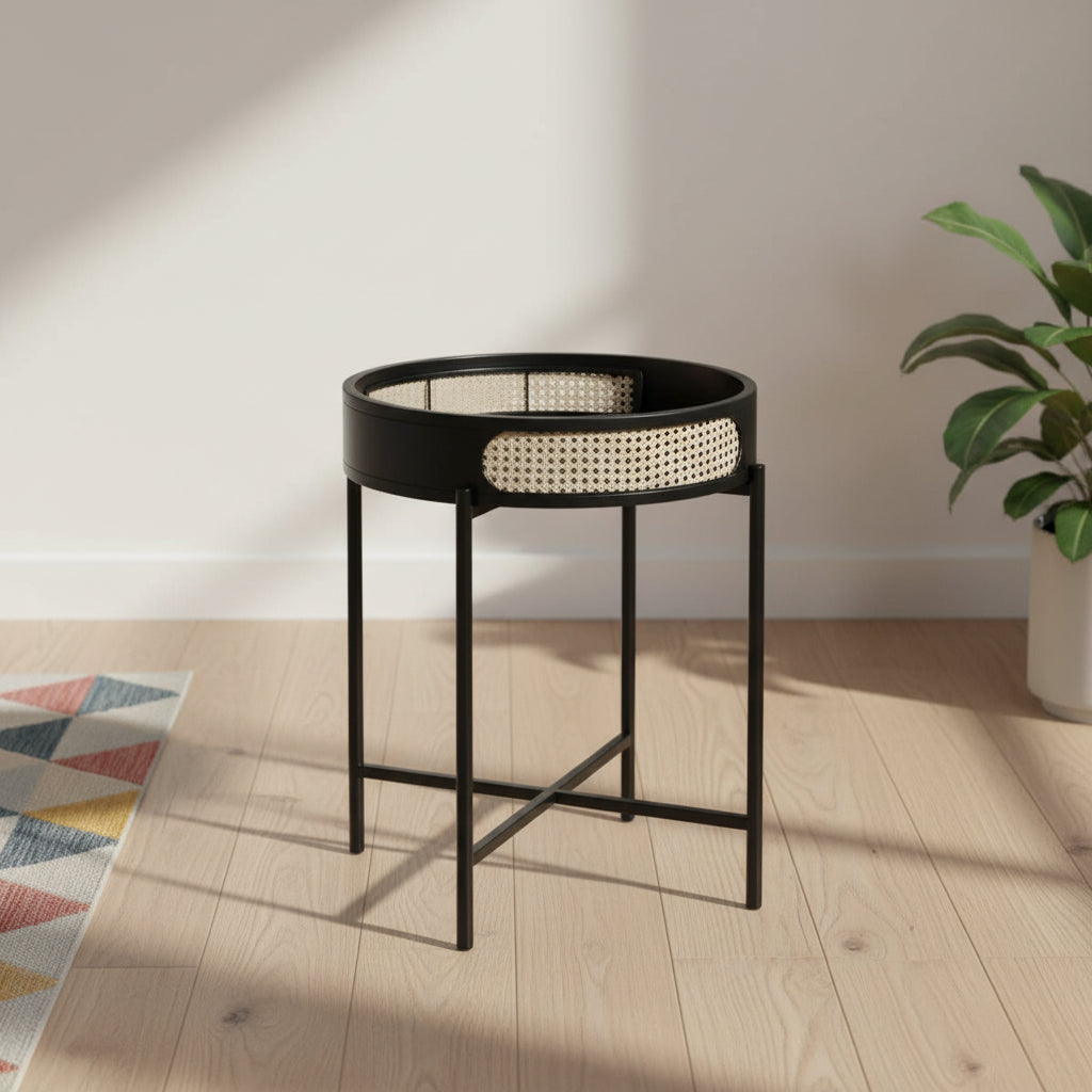 22" Colson Accent Table Black Finish - Acme Furniture: Rattan Detail, Metal Frame, Wood Top, No Assembly Required