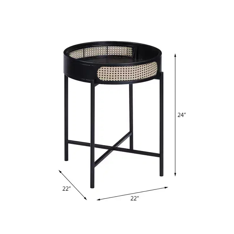 Table d'appoint Colson 56 cm finition noire -: Détails en rotin, Cadre en métal, Plateau en bois, Aucun assemblage requis