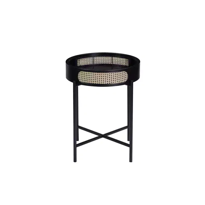 Table d'appoint Colson 56 cm finition noire -: Détails en rotin, Cadre en métal, Plateau en bois, Aucun assemblage requis
