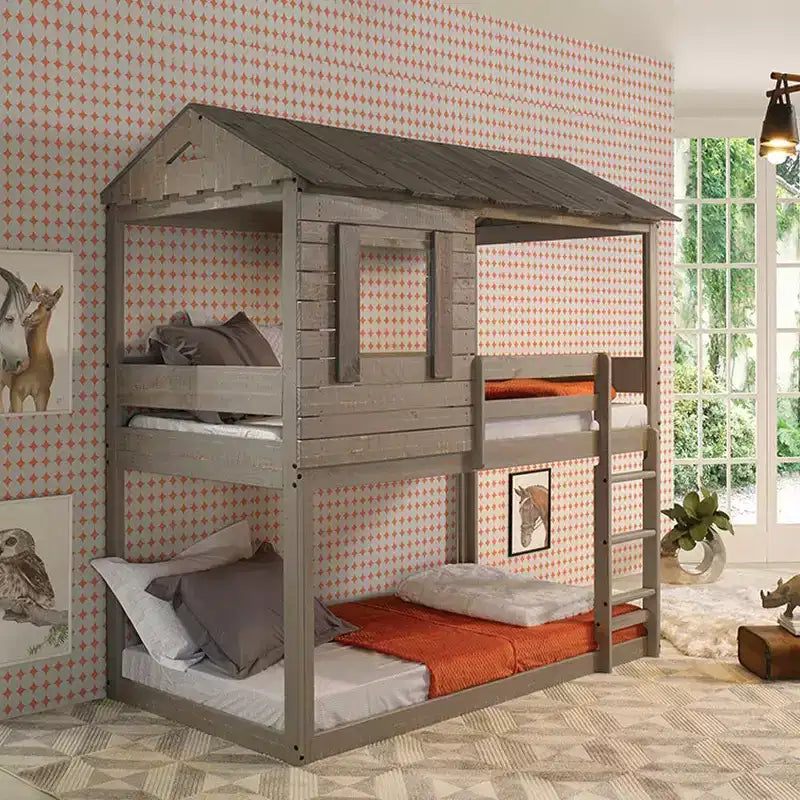 Lit superposé Darlene Loft 77" et lit superposé Rustic Gray - : Bois de pin massif, garde-corps, échelle, aire de jeux