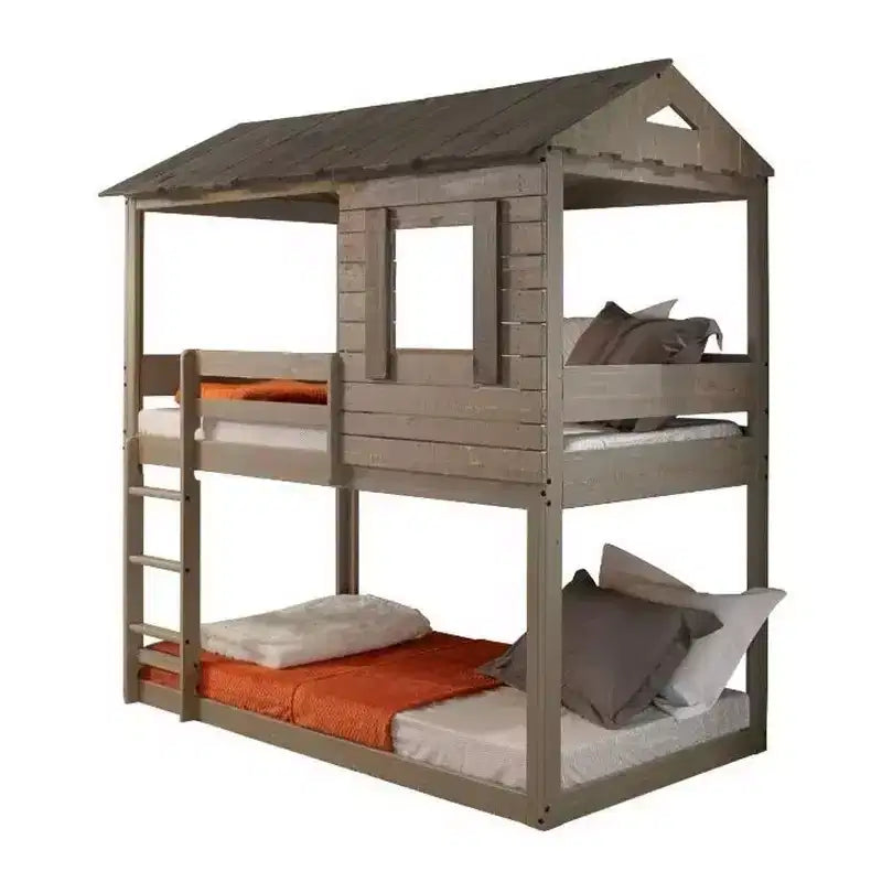 Lit superposé Darlene Loft 77" et lit superposé Rustic Gray - : Bois de pin massif, garde-corps, échelle, aire de jeux
