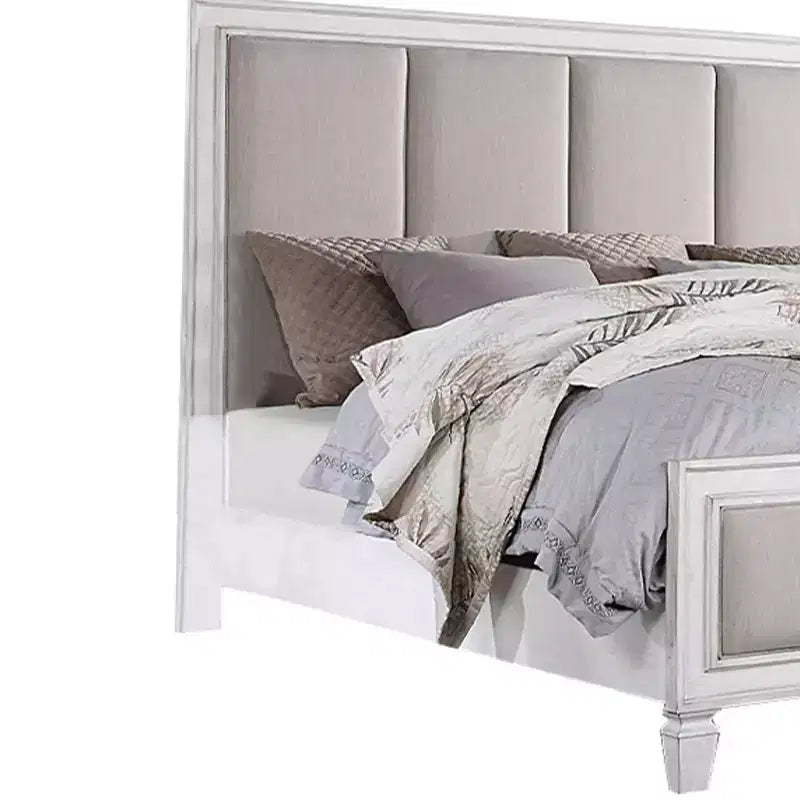 Lit California King 88 po en lin gris clair, fini blanc délavé gris rustique