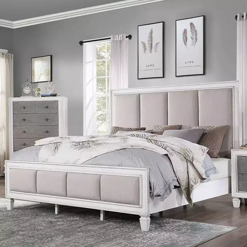 Lit California King 88 po en lin gris clair, fini blanc délavé gris rustique