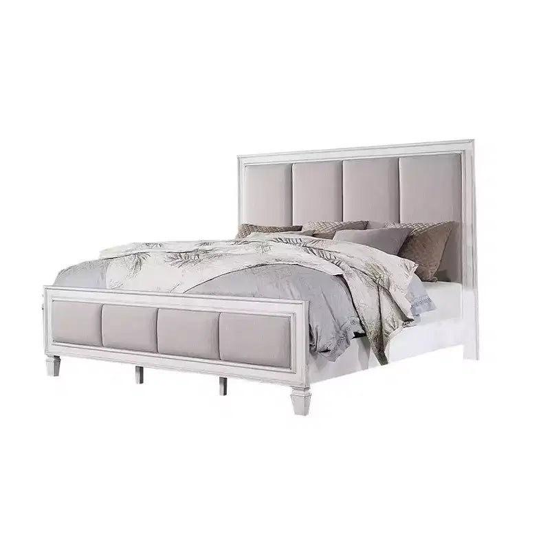 Lit California King 88 po en lin gris clair, fini blanc délavé gris rustique