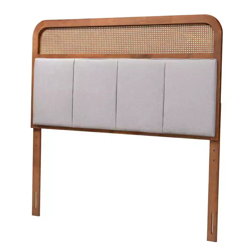 Tête de lit King en tissu et bois avec rotin Gris clair/Noyer cendré : Design Mid-Century, 5 hauteurs réglables
