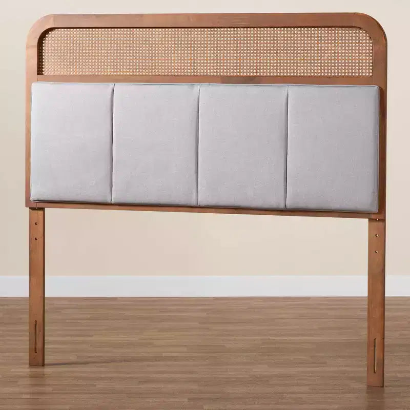 Tête de lit King en tissu et bois avec rotin Gris clair/Noyer cendré : Design Mid-Century, 5 hauteurs réglables