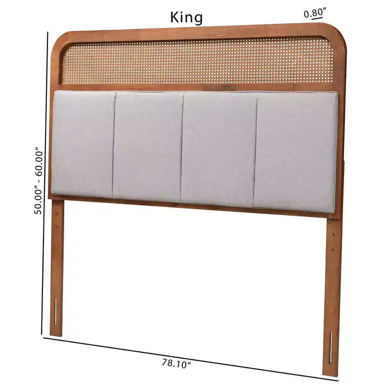 Tête de lit King en tissu et bois avec rotin Gris clair/Noyer cendré : Design Mid-Century, 5 hauteurs réglables