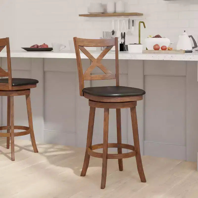 Tabouret de bar en bois à dossier croisé style pub avec siège pivotant rembourré en similicuir