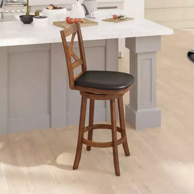 Tabouret de bar en bois à dossier croisé style pub avec siège pivotant rembourré en similicuir