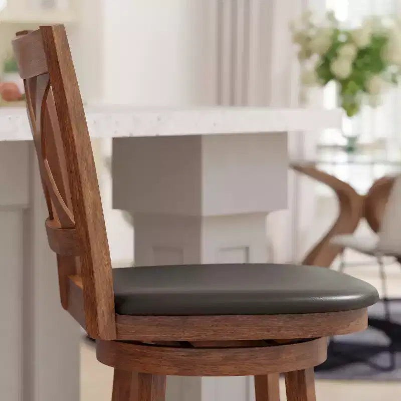 Tabouret de bar en bois à dossier croisé style pub avec siège pivotant rembourré en similicuir