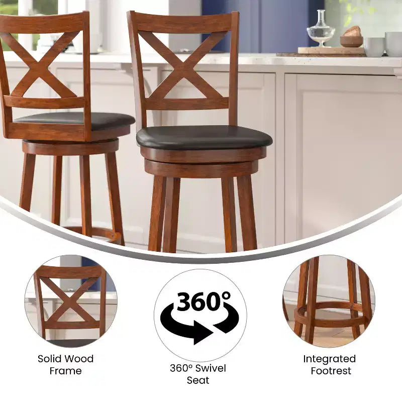 Tabouret de bar en bois à dossier croisé style pub avec siège pivotant rembourré en similicuir