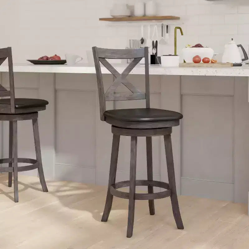 Tabouret de bar en bois à dossier croisé style pub avec siège pivotant rembourré en similicuir