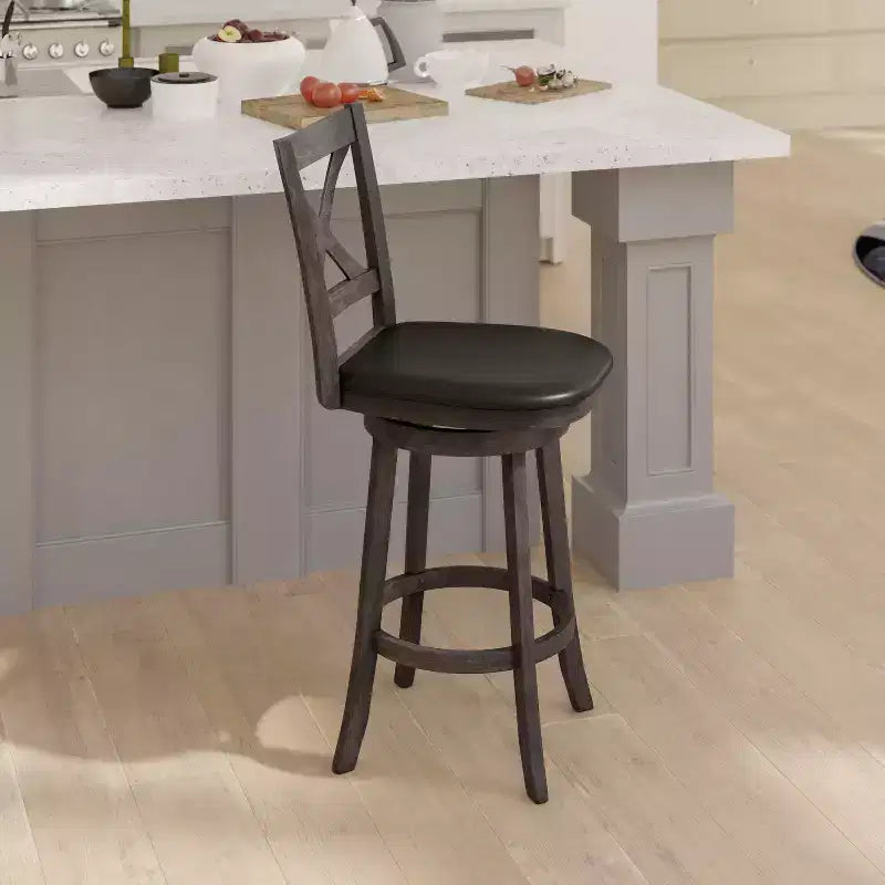 Tabouret de bar en bois à dossier croisé style pub avec siège pivotant rembourré en similicuir