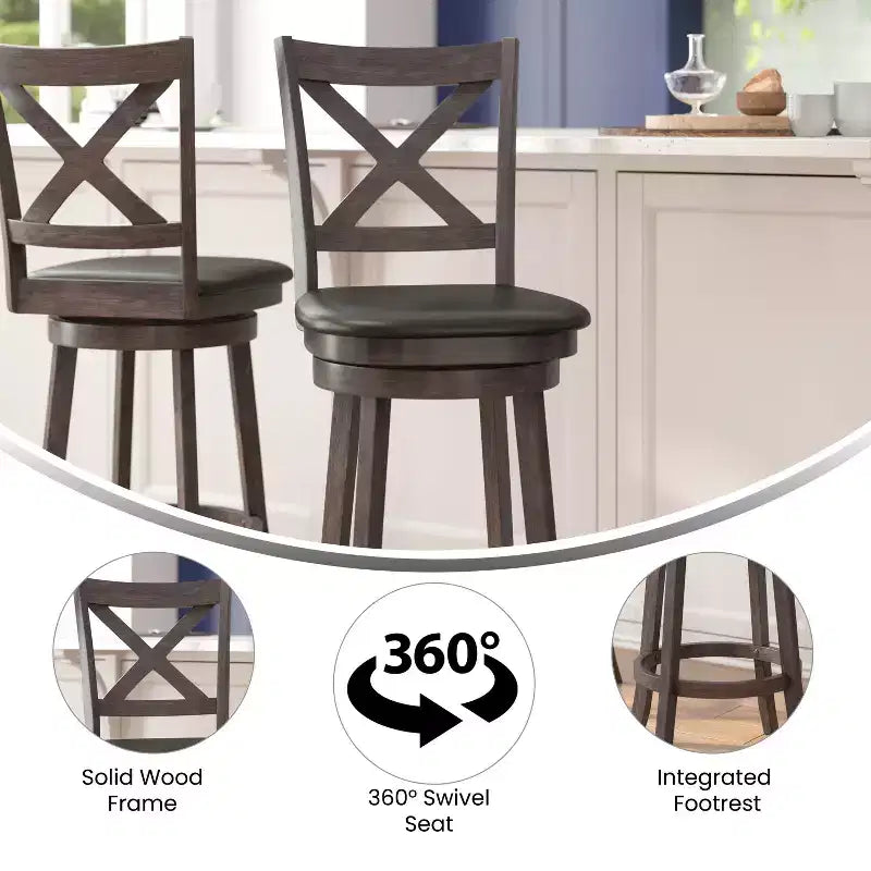 Tabouret de bar en bois à dossier croisé style pub avec siège pivotant rembourré en similicuir