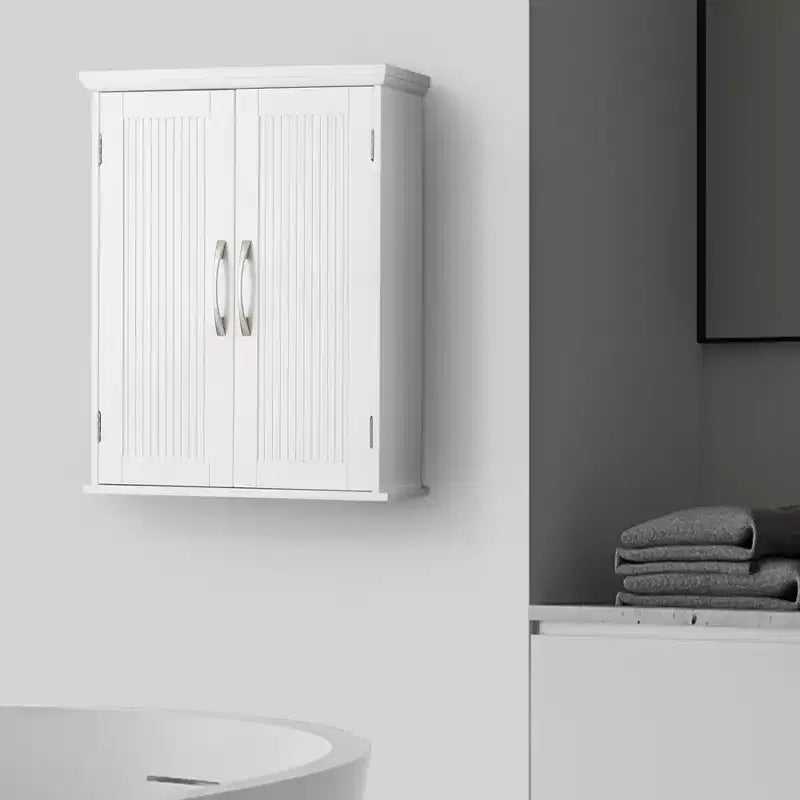 Meuble de rangement mural avec 2 portes, étagère réglable et poignées en nickel brossé, blanc