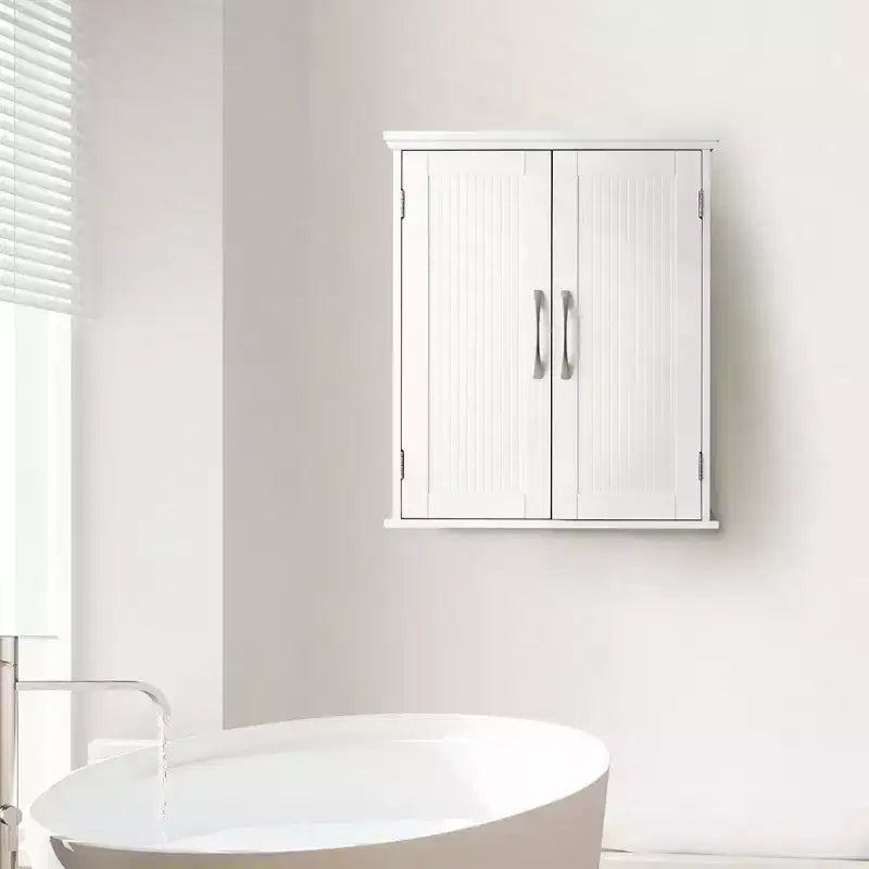 Meuble de rangement mural avec 2 portes, étagère réglable et poignées en nickel brossé, blanc