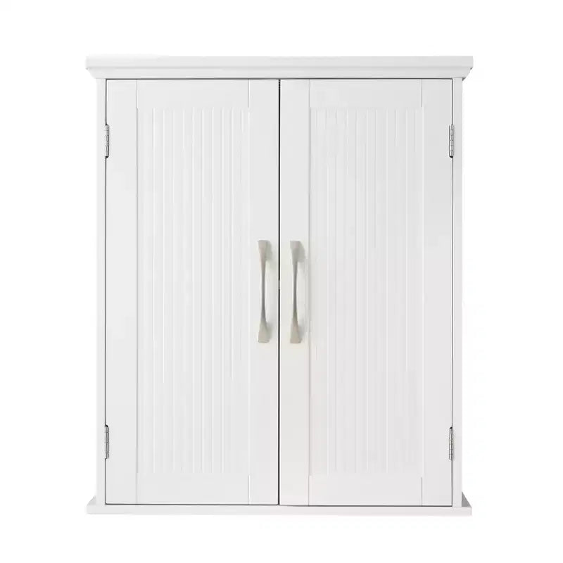 Meuble de rangement mural avec 2 portes, étagère réglable et poignées en nickel brossé, blanc