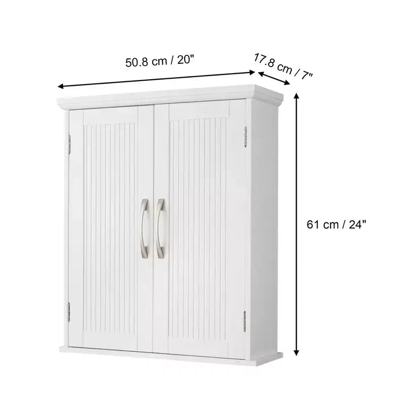 Meuble de rangement mural avec 2 portes, étagère réglable et poignées en nickel brossé, blanc
