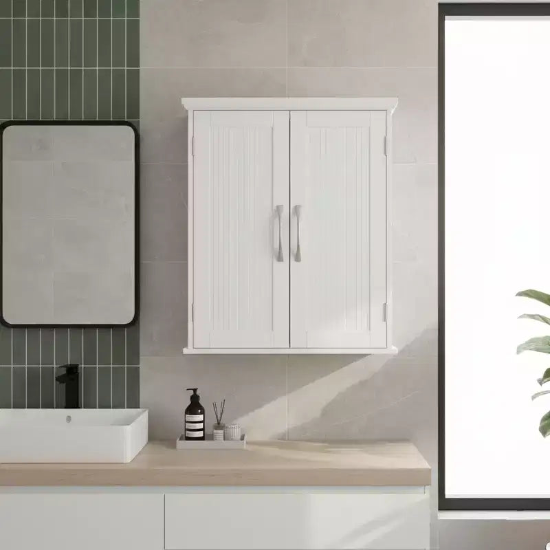 Meuble de rangement mural avec 2 portes, étagère réglable et poignées en nickel brossé, blanc