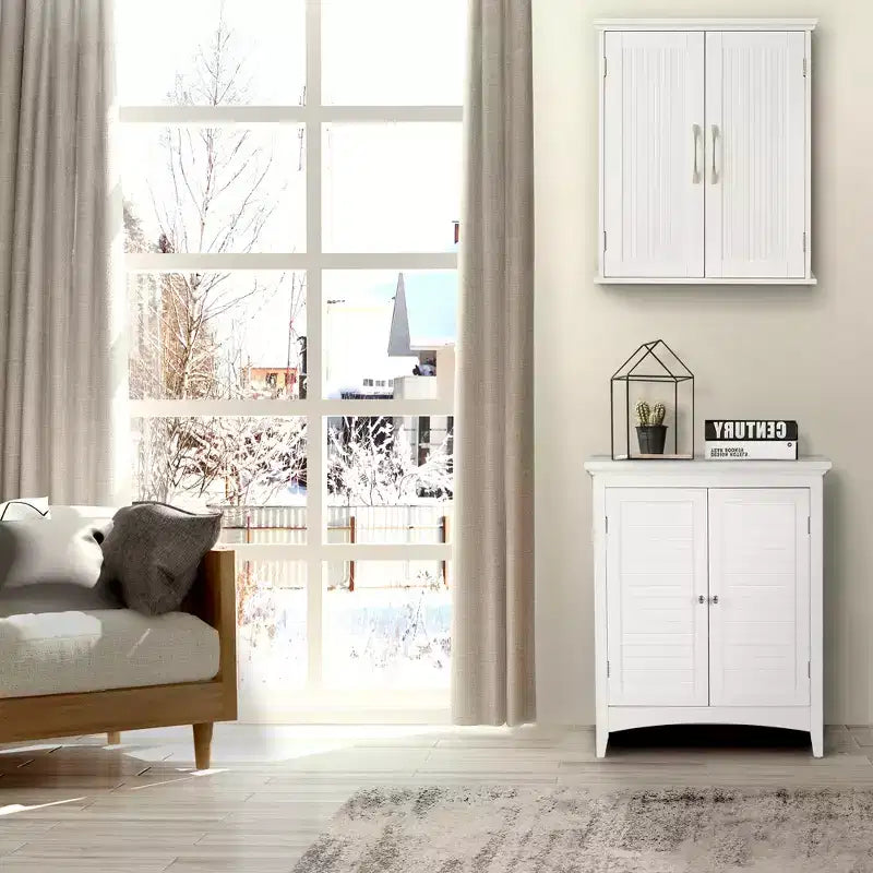 Meuble de rangement mural avec 2 portes, étagère réglable et poignées en nickel brossé, blanc