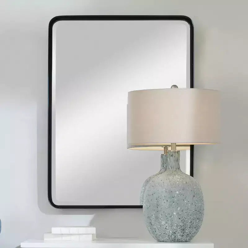Miroir mural décoratif rectangulaire, moderne biseauté, cadre en fer noir satiné, 76 cm de large, pour salle de bain, chambre, salon
