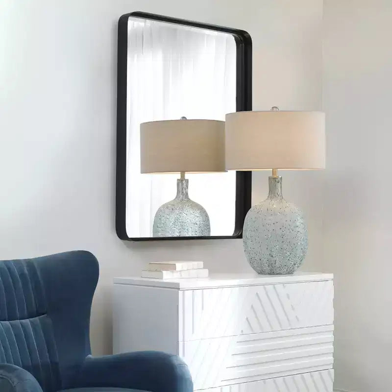 Miroir mural décoratif rectangulaire, moderne biseauté, cadre en fer noir satiné, 76 cm de large, pour salle de bain, chambre, salon