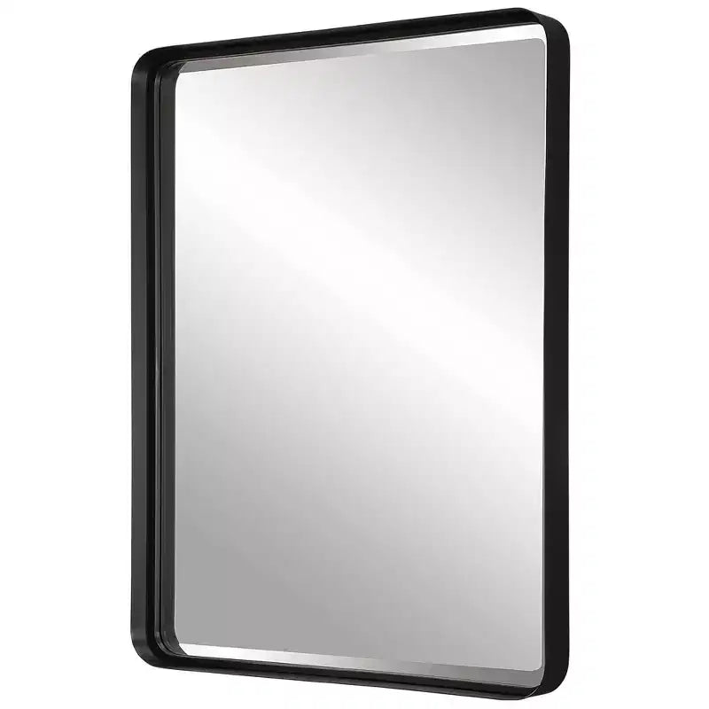 Miroir mural décoratif rectangulaire, moderne biseauté, cadre en fer noir satiné, 76 cm de large, pour salle de bain, chambre, salon