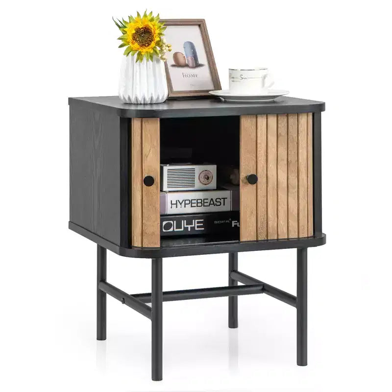 Table de chevet moderne avec porte coulissante, rangement et armoire noir/blanc vieilli