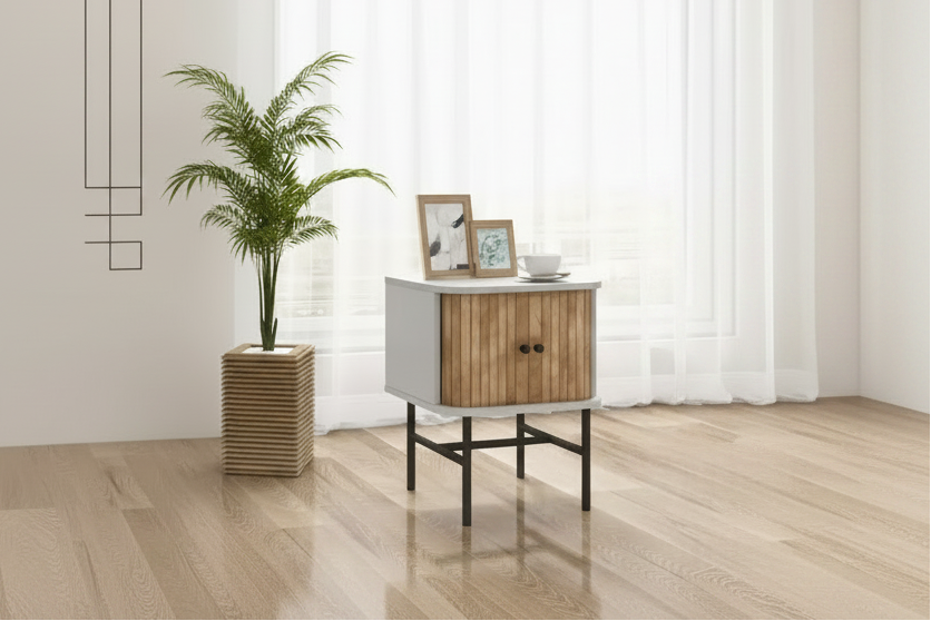 Table de chevet moderne avec porte coulissante, rangement et armoire noir/blanc vieilli