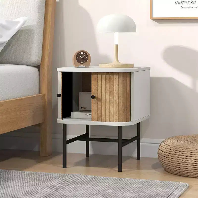 Table de chevet moderne avec porte coulissante, rangement et armoire noir/blanc vieilli