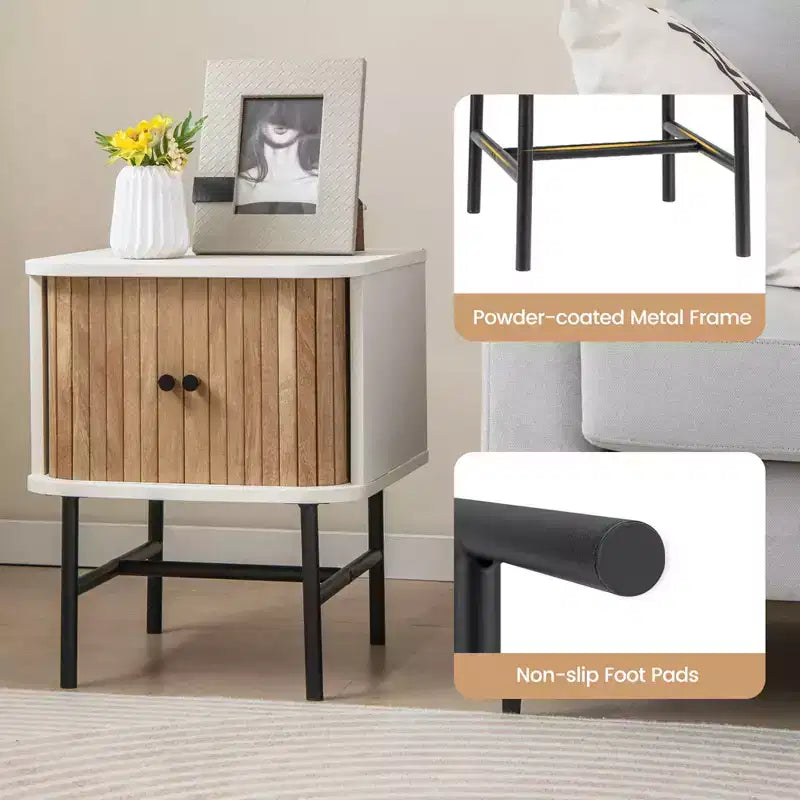Table de chevet moderne avec porte coulissante, rangement et armoire noir/blanc vieilli