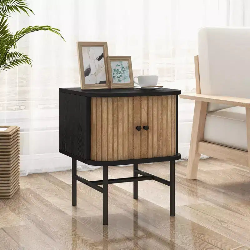 Table de chevet moderne avec porte coulissante, rangement et armoire noir/blanc vieilli