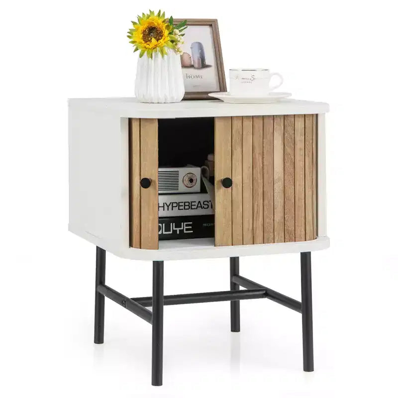 Table de chevet moderne avec porte coulissante, rangement et armoire noir/blanc vieilli