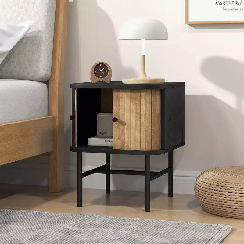 Table de chevet moderne avec porte coulissante, rangement et armoire noir/blanc vieilli