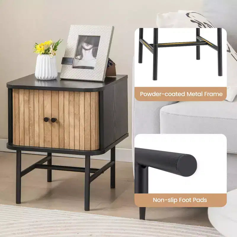 Table de chevet moderne avec porte coulissante, rangement et armoire noir/blanc vieilli