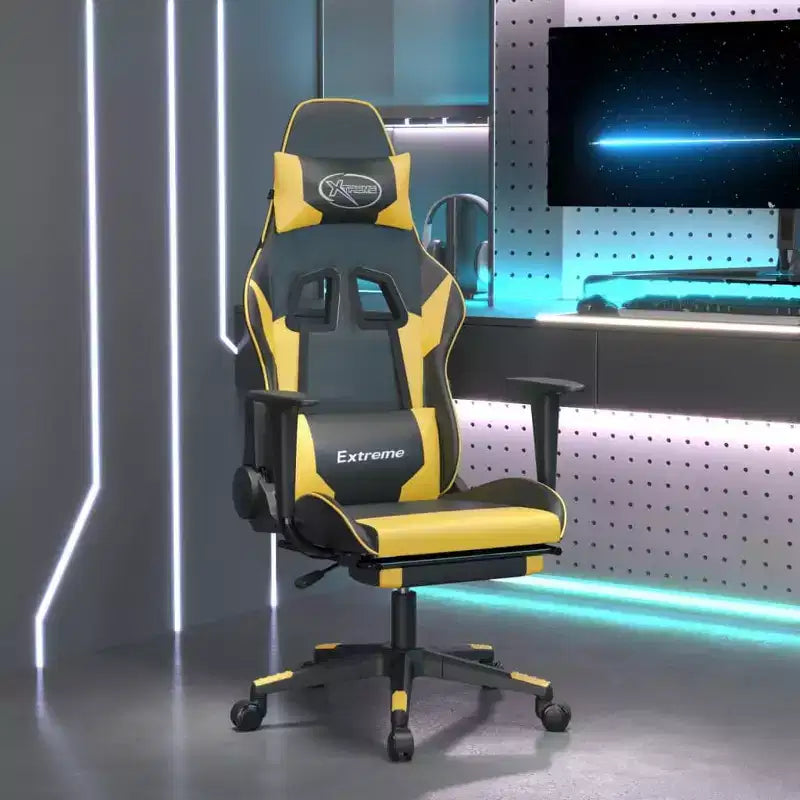 Fauteuil de jeu massant en similicuir noir et or avec repose-pieds, dossier réglable et design pivotant, confort robuste et élégant pour les joueurs