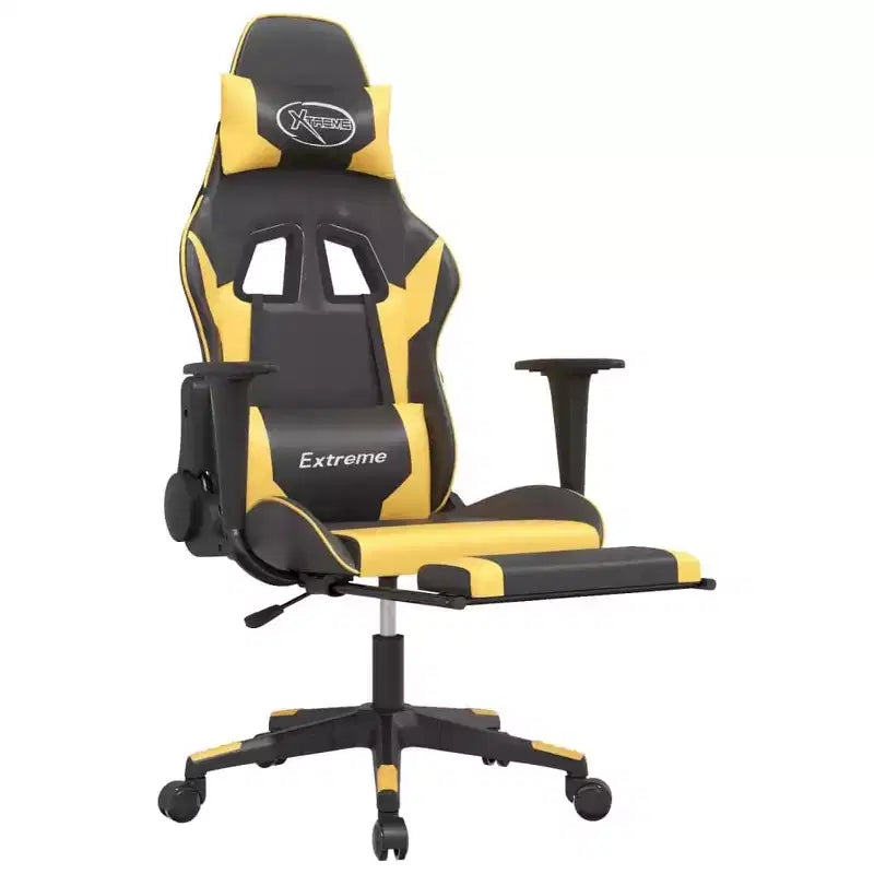 Fauteuil de jeu massant en similicuir noir et or avec repose-pieds, dossier réglable et design pivotant, confort robuste et élégant pour les joueurs