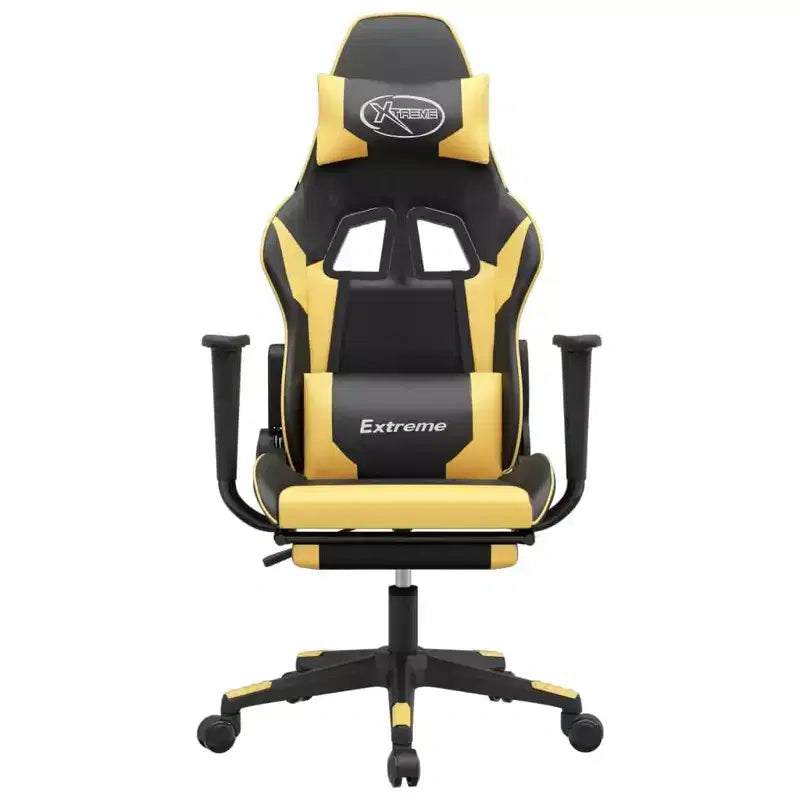 Fauteuil de jeu massant en similicuir noir et or avec repose-pieds, dossier réglable et design pivotant, confort robuste et élégant pour les joueurs