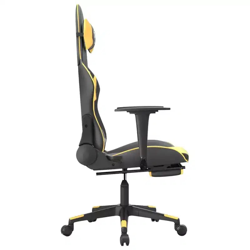 Fauteuil de jeu massant en similicuir noir et or avec repose-pieds, dossier réglable et design pivotant, confort robuste et élégant pour les joueurs