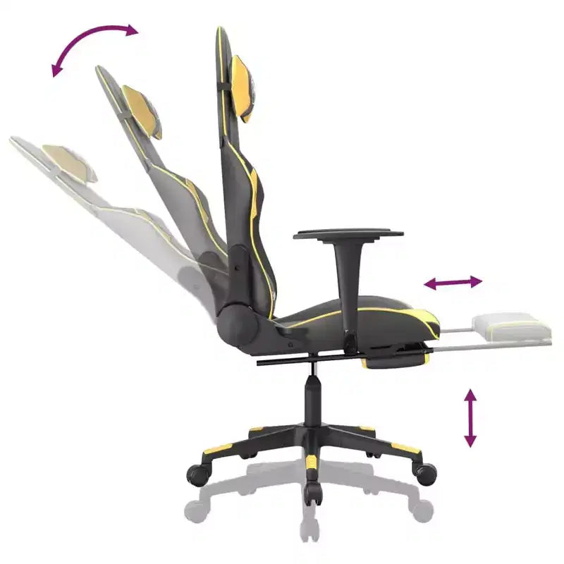 Fauteuil de jeu massant en similicuir noir et or avec repose-pieds, dossier réglable et design pivotant, confort robuste et élégant pour les joueurs