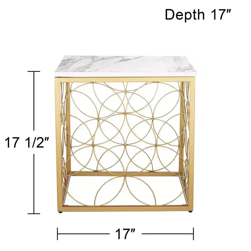 Table d'appoint carrée Modern Glam, 43 cm de large, avec plateau en faux marbre blanc et doré pour salon, chambre à coucher, chevet