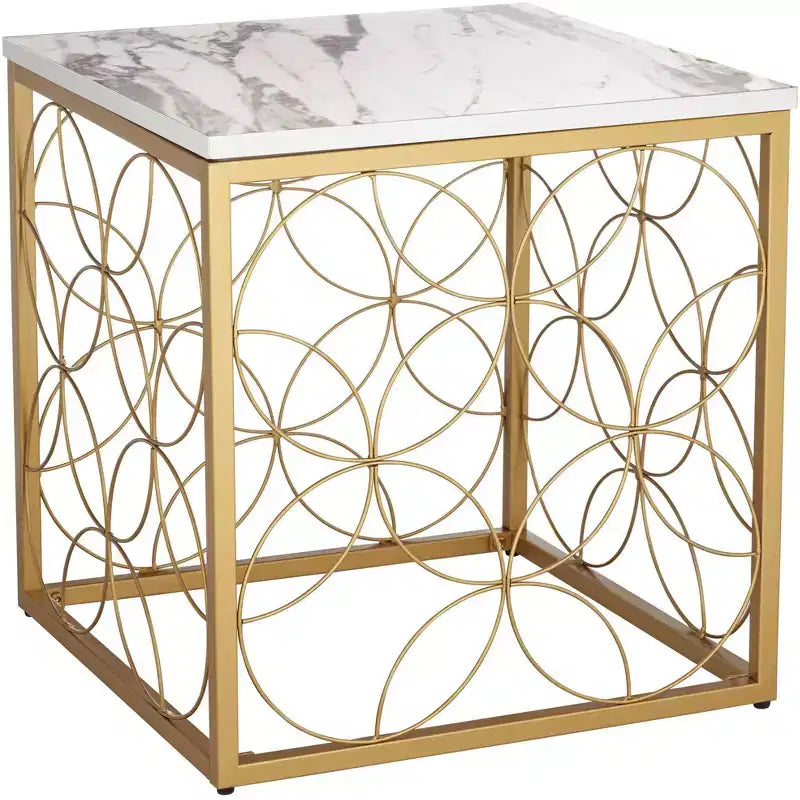 Table d'appoint carrée Modern Glam, 43 cm de large, avec plateau en faux marbre blanc et doré pour salon, chambre à coucher, chevet