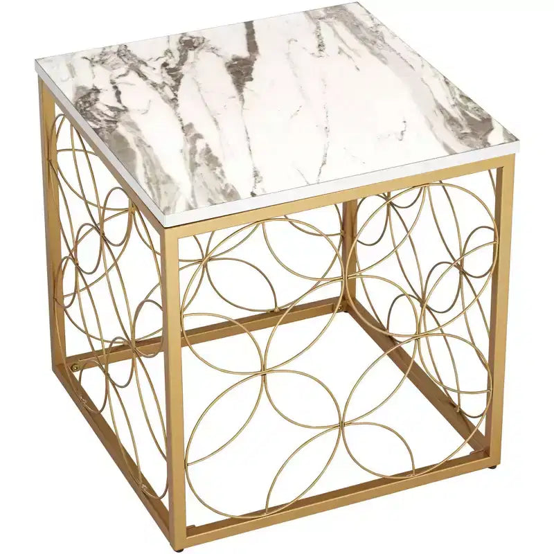 Table d'appoint carrée Modern Glam, 43 cm de large, avec plateau en faux marbre blanc et doré pour salon, chambre à coucher, chevet