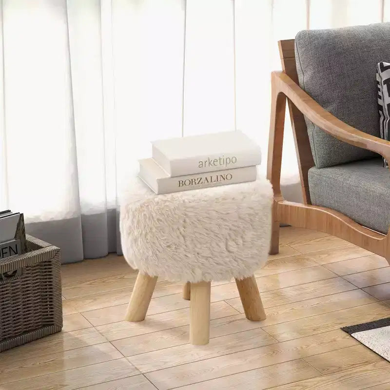 Repose-pieds rond Ottoman en fausse fourrure avec siège rembourré blanc