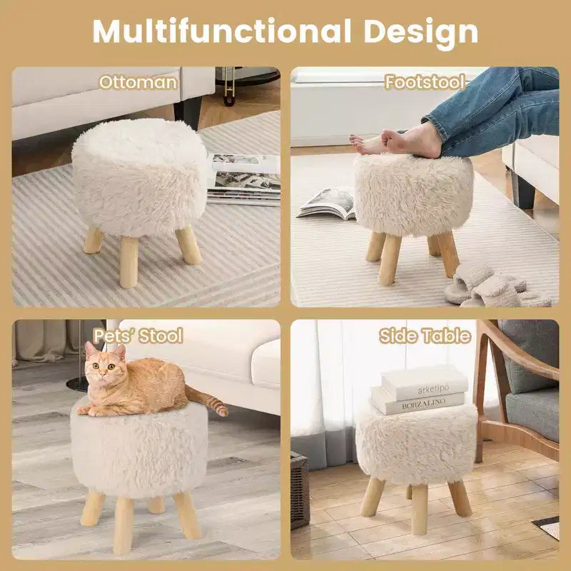 Repose-pieds rond Ottoman en fausse fourrure avec siège rembourré blanc