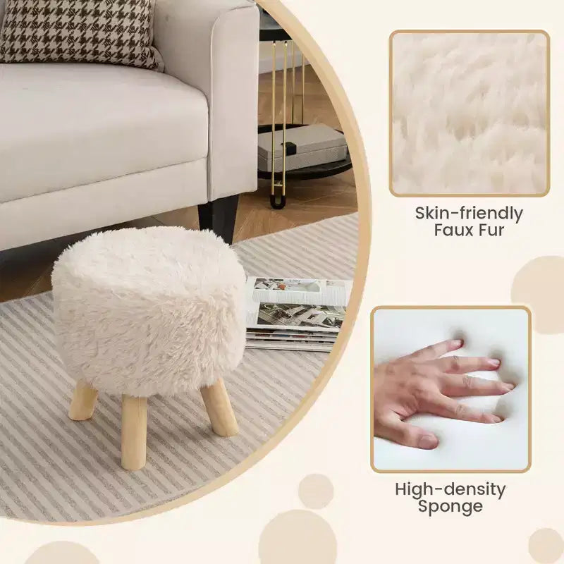 Repose-pieds rond Ottoman en fausse fourrure avec siège rembourré blanc