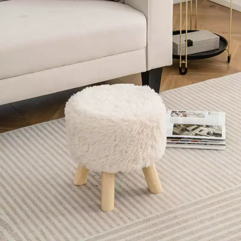 Repose-pieds rond Ottoman en fausse fourrure avec siège rembourré blanc