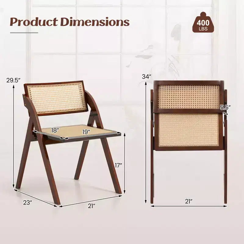 Chaises de salle à manger pliantes avec dossier et assise en rotin tressé et cadre en bois d'hévéa marron